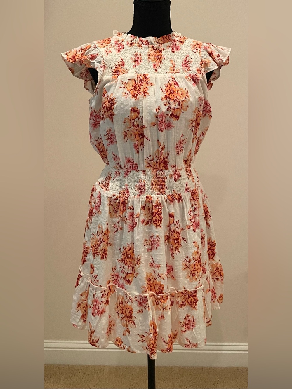 LOFT Petites White Floral Smocked Casual Dress with Orange-Pink Blooms